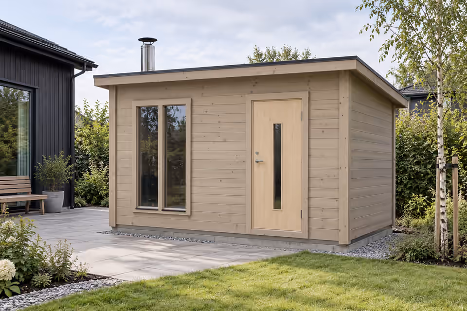Miljövisualisering av gråbeige Lyra i en planerad trädgård med natursten och ett modernt trähus