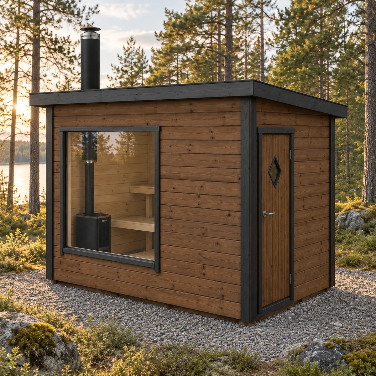 Visualisering av Luna – Brun fasad med svarta foder och knutar.