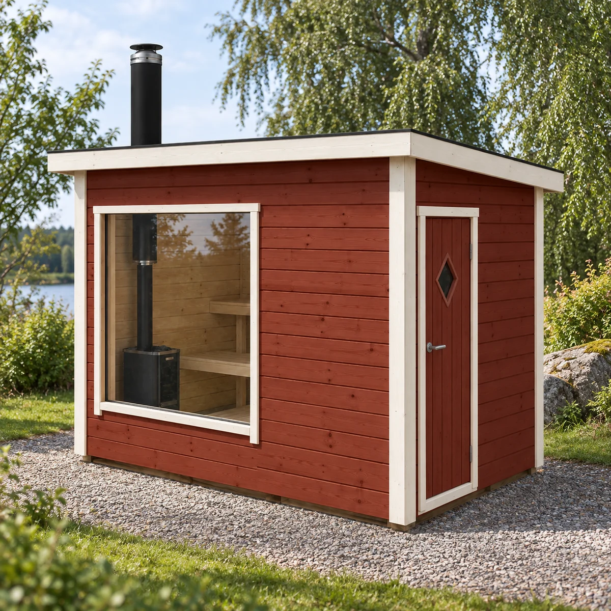 Visualisering av Luna – Röd fasad med vita foder och knutar.